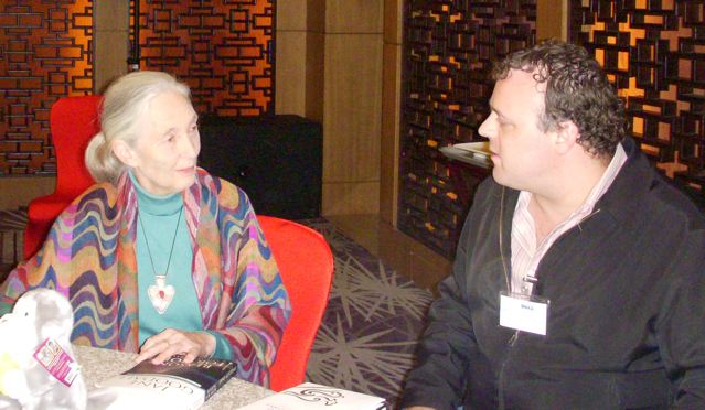 Jane Goodall at an AmCham meeting in Beijing promoting her Roots & Shoots organization.