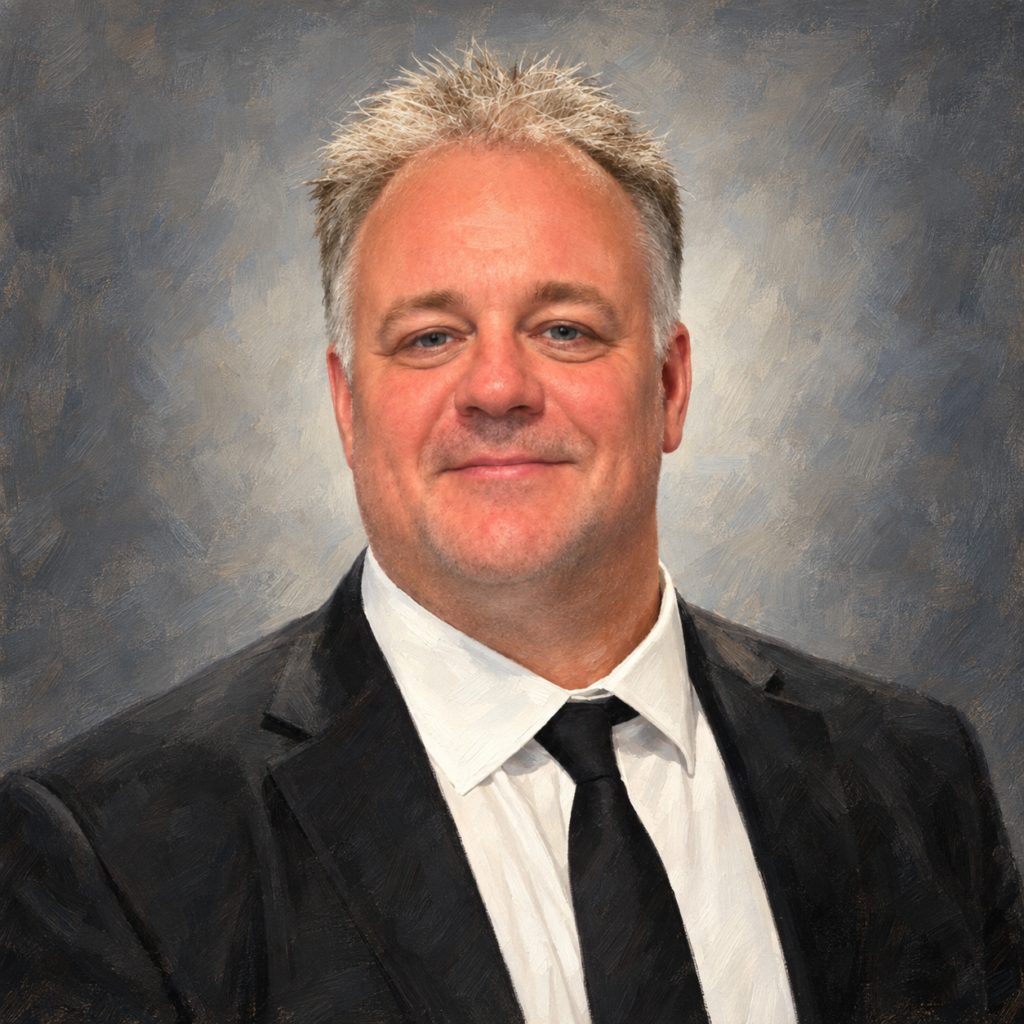 Painted portrait of Mark Downing.